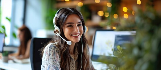 Cheerful call center agent at desk assisting customer over the phone.