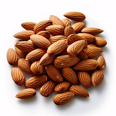 Closeup of almonds, isolated on white background top view