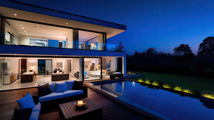 Smart home technology conceptual banner. Building consists digits and connected with icons of domestic smart devices. illustration concept of System intelligent control house on blue background