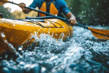 yellow kayak on the river AI generated - obrazy, fototapety, plakaty