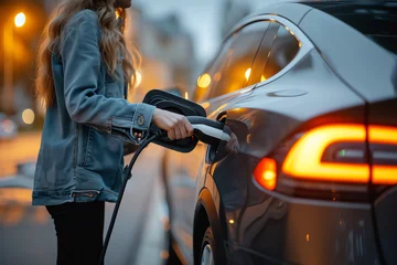Foto op Plexiglas woman charging electric car, AI generated © Frédéric Prochasson