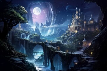 Fototapeta premium Enchanted moonlit waterfalls, flowing with liquid silver and granting wishes to those who bathe beneath them - Generative AI