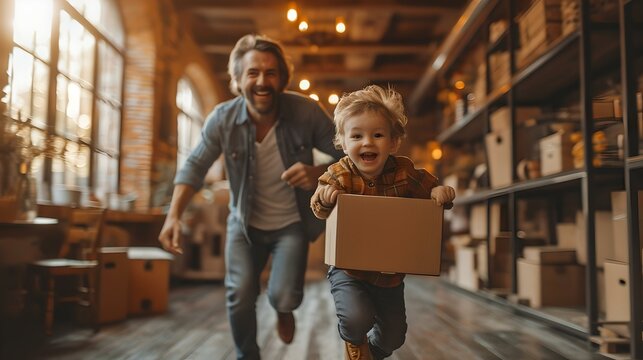 Joyful Father Chasing His Little Son In A Rustic Home Setting. Family Fun And Playful Bonding Time. Happy Moments Captured. AI