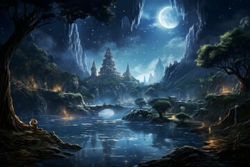 Fototapeta premium Enchanted moonlit waterfalls, flowing with liquid silver and granting wishes to those who bathe beneath them - Generative AI