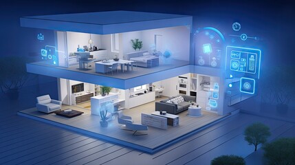 Smart home technology conceptual banner. Building consists digits and connected with icons of domestic smart devices. illustration concept of System intelligent control house on blue background