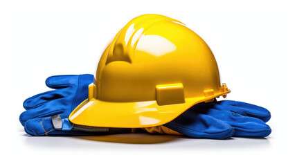 Yellow hard hat and gloves on an isolated white background