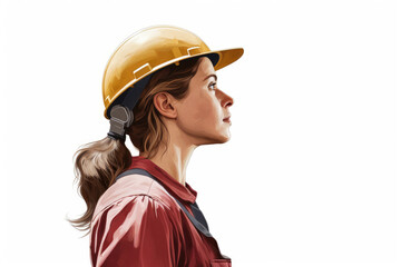 Obraz premium Yellow hard hat woman worker side view, isolated white background