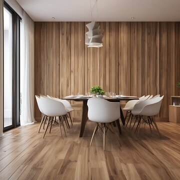 3d rendered dinning room with wood floor and decorative wood panel.