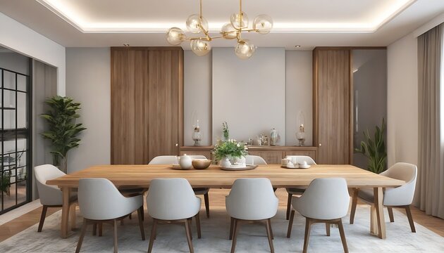 3D Rendering Dinning room with wood table and Chair
