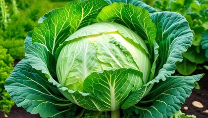 A ripe head of white cabbage in the garden - obrazy, fototapety, plakaty