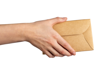 Hands giving paper box, delivery package, order in cardboard isolated on white