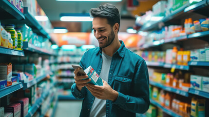 Happy young man is using his smartphone in a brightly lit grocery store aisle. - obrazy, fototapety, plakaty