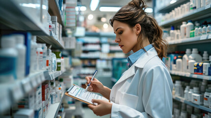 Female pharmacist or healthcare professional taking inventory or reviewing a clipboard in a pharmacy with shelves stocked with various medications.