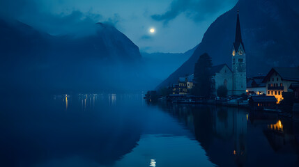 The moonlit silhouette of Hallstatt Austria reflected on the calm waters of the lake.