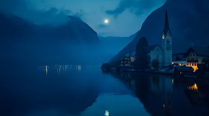 Wall murals Reflection The moonlit silhouette of Hallstatt Austria reflected on the calm waters of the lake.
