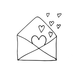 Doodle outline envelope with flying hearts. Love letter black and white illustration. Valentine's Day , wedding Design Element.