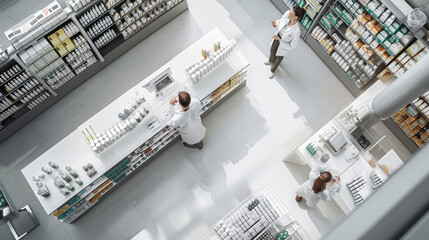 Modern pharmacy interior with pharmacists engaged in various tasks such as filling prescriptions and organizing medications.