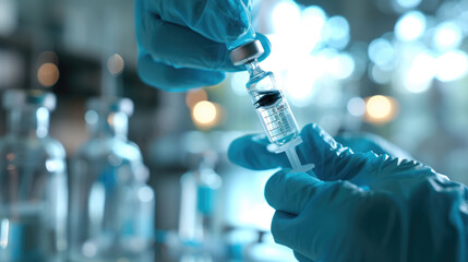 Close-up of a person's hands wearing blue gloves while drawing a clear liquid from a vial into a syringe, suggesting a medical or laboratory setting.
