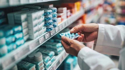 Muurstickers Hands of a pharmacist or healthcare professional holding a blister pack of capsules in front of a pharmacy shelf stocked with various medications © MP Studio