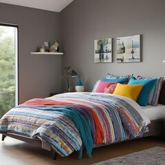 Comfortable bed with multi colored bedding in a modern bedroom