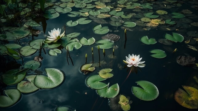 White water lilies in a muddy pond. AI Generated