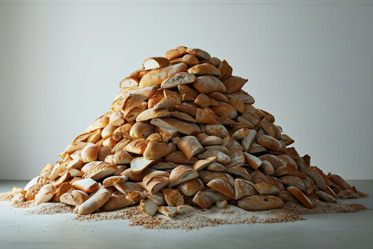 Carefully arranged mountain of bread slices, from crusty baguettes to soft buns, on a white background. Culinary content, bread-making or for marketing a range of bakery products.