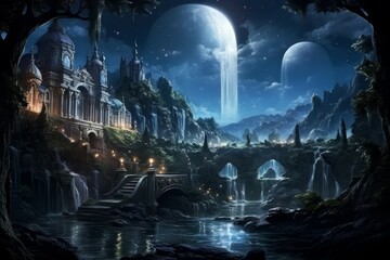 Enchanted moonlit waterfalls, flowing with liquid silver and granting wishes to those who bathe beneath them - Generative AI