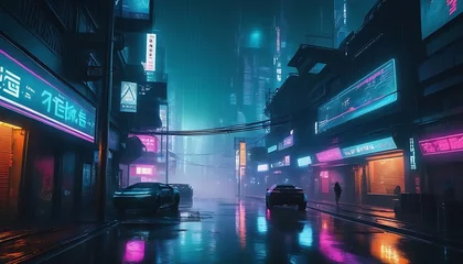 Foto op Plexiglas Cyberpunk streets illustration futuristic city dystoptic artwork at night wallpaper rain foggy moody empty future © Antonio Giordano