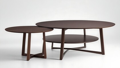 Dark brown wooden round coffee table, dinning table, magazines table. Modern designer, table isolated on white background. Series of furniture.