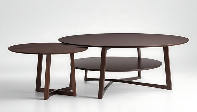 Dark brown wooden round coffee table, dinning table, magazines table. Modern designer, table isolated on white background. Series of furniture.