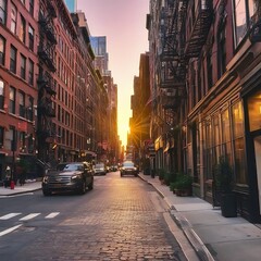 Empty street at sunset time in soho district, New York - obrazy, fototapety, plakaty