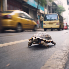 A turtle on a busy city street. AI Generated