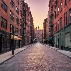Empty street at sunset time in soho district, New York - obrazy, fototapety, plakaty