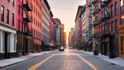 Empty street at sunset time in soho district, New York