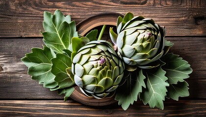 Fresh baby artichoke with leaves on rustic wooden background