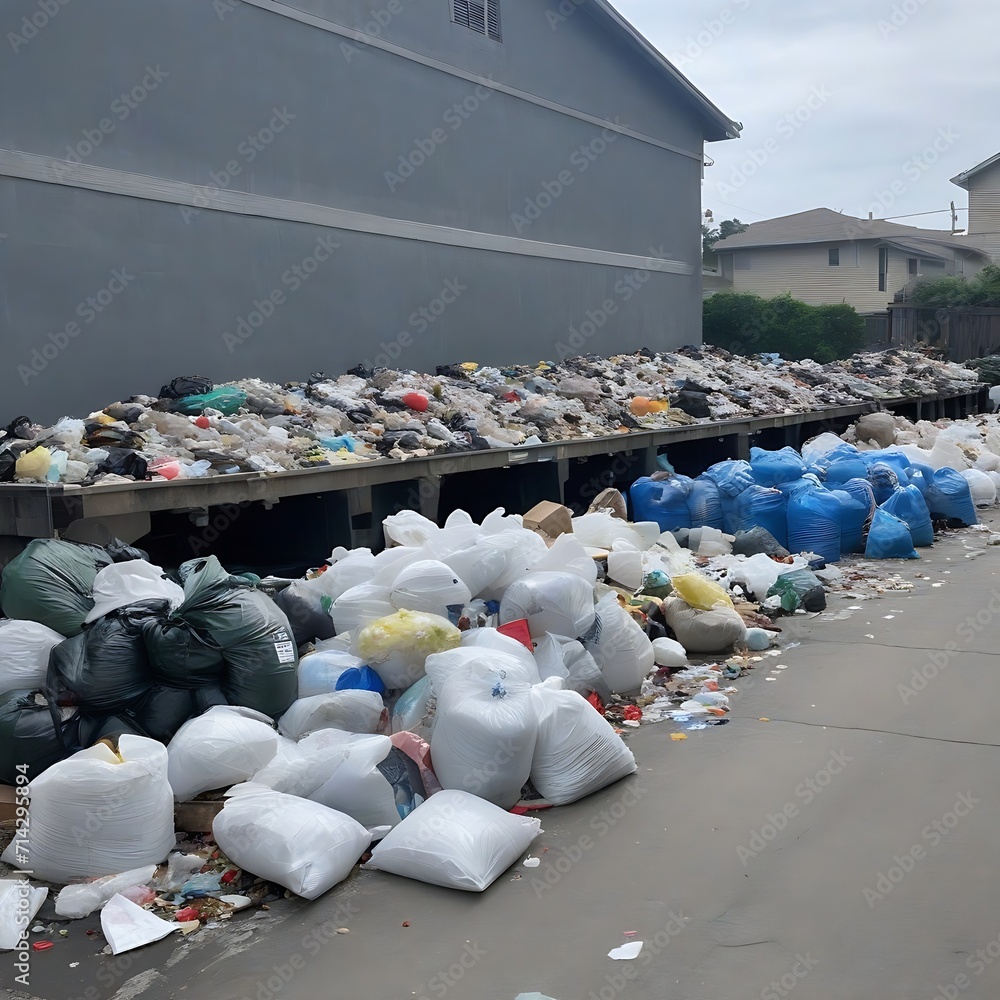 Poster huge garbage piles next to the dumpsters, stacks of litter bags, overflow trash cans and bottles on 