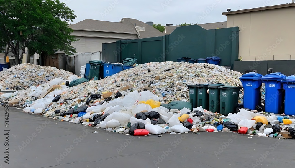 Poster huge garbage piles next to the dumpsters, stacks of litter bags, overflow trash cans and bottles on 