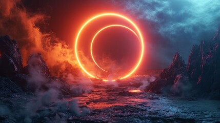3d render, abstract fantastic background, neon round linear frame, illuminated smoke and mysterious terrain. Fantasy landscape   