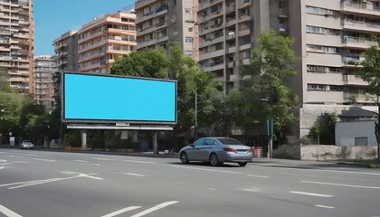 Fototapeta na wymiar Illustration of empty billboard placed on asphalt road near residential buildings against blue sky in city