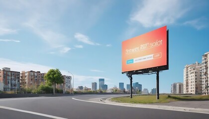 Illustration of empty billboard placed on asphalt road near residential buildings against blue sky in city