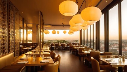 Interior of restaurant with big lamps in golden light - obrazy, fototapety, plakaty