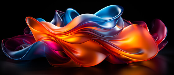 Obraz premium Vibrant abstract composition with interwoven colored elements, showcasing dynamic movement and fluidity. A gradient from dark to light enhances depth and volume. Predominant hues: purple, blue, orange