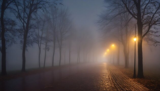 Landscape with street lights in the night autumn fog, fabulous picture silence mystery mist