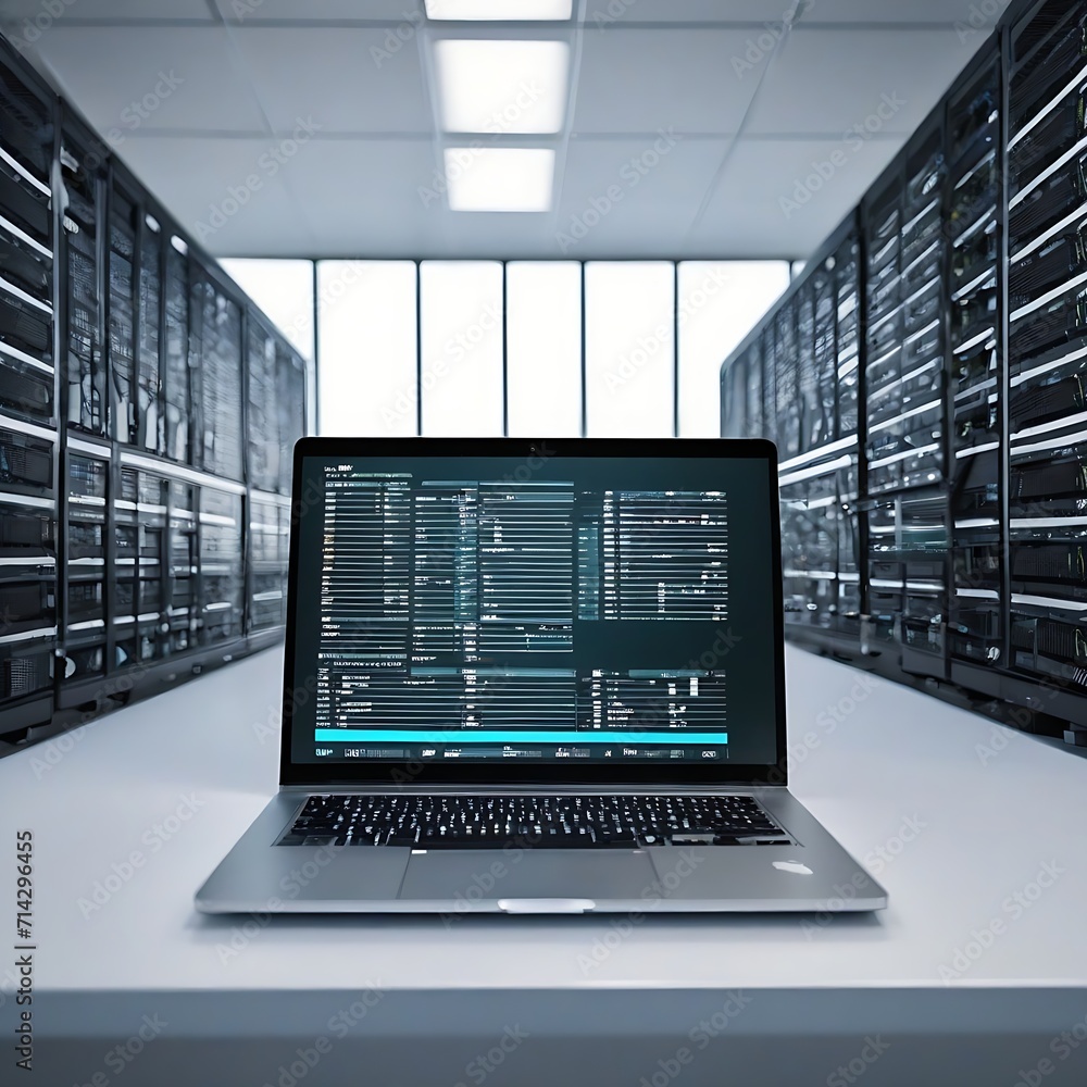 Poster laptop with computer language in server room