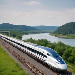 Fototapeta premium Long high-speed train travels at high speed, moving fast