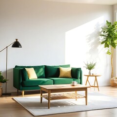 Living room interior with green sofa and coffee table with sunlight. Place for relax at cozy home.