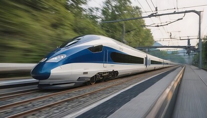 Fototapeta premium Long high-speed train travels at high speed, moving fast