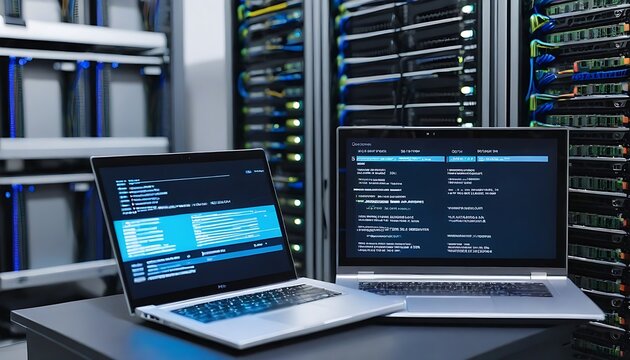 Laptop with computer language in server room