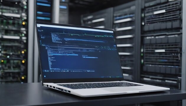 Laptop with computer language in server room