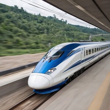 Long high-speed train travels at high speed, moving fast